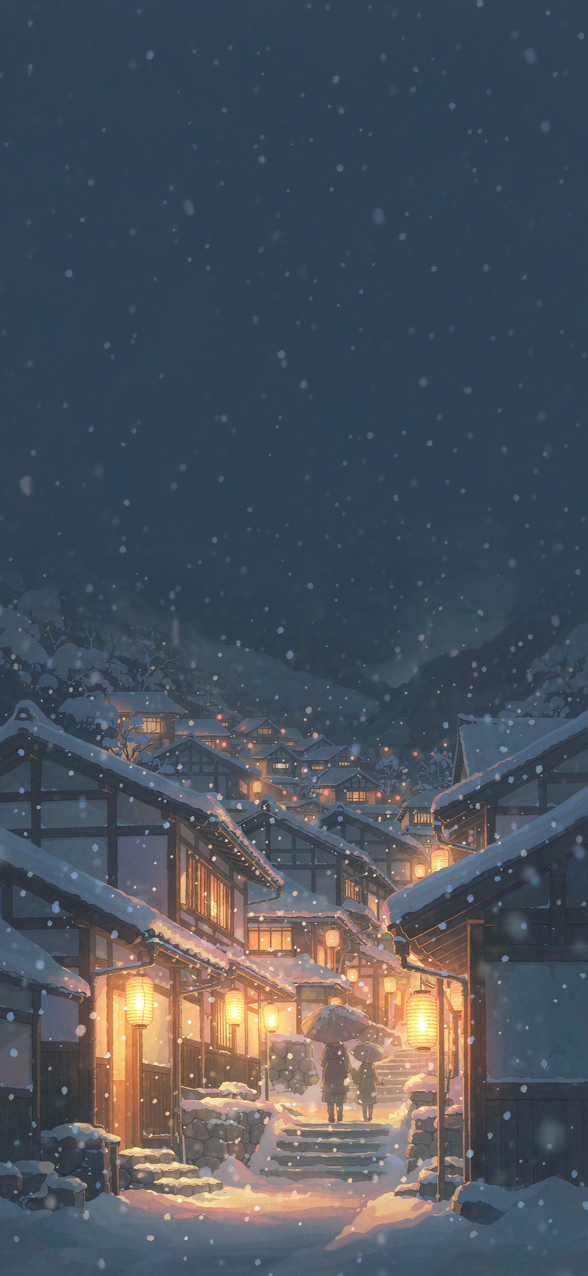 雪夜山镇 · 1179×2556 动漫壁纸