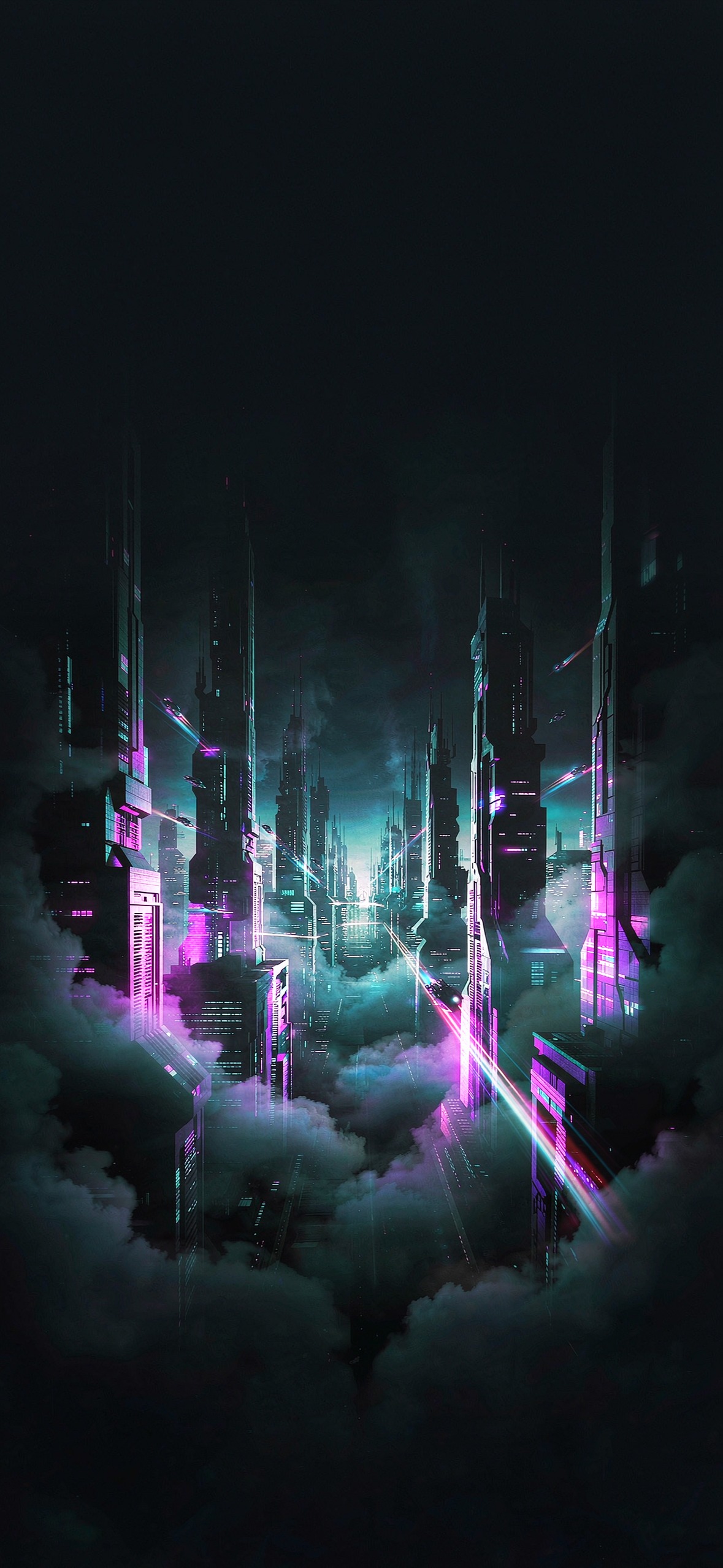 未来都市航拍 · 1179×2556 赛博朋克壁纸