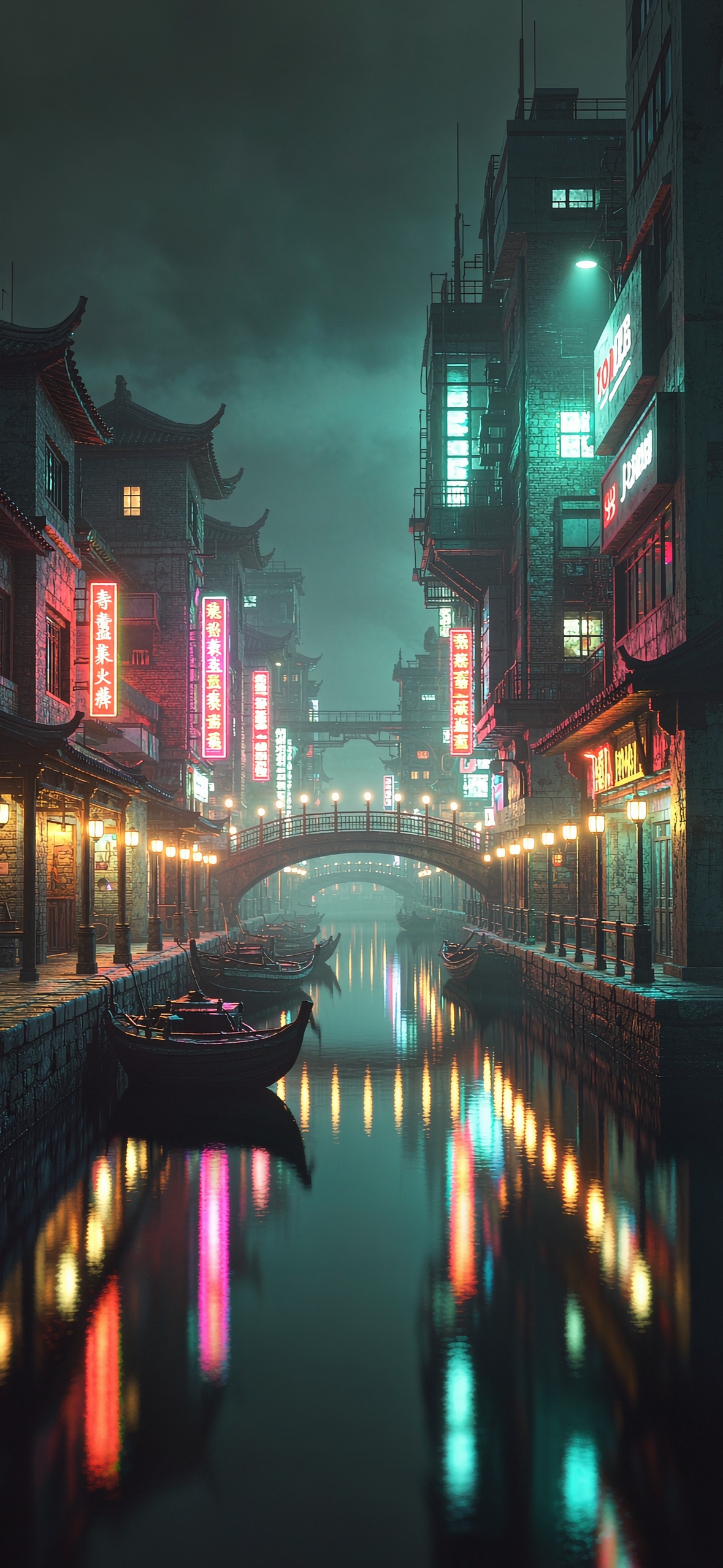 霓虹河岸 · 1179×2556 赛博朋克壁纸